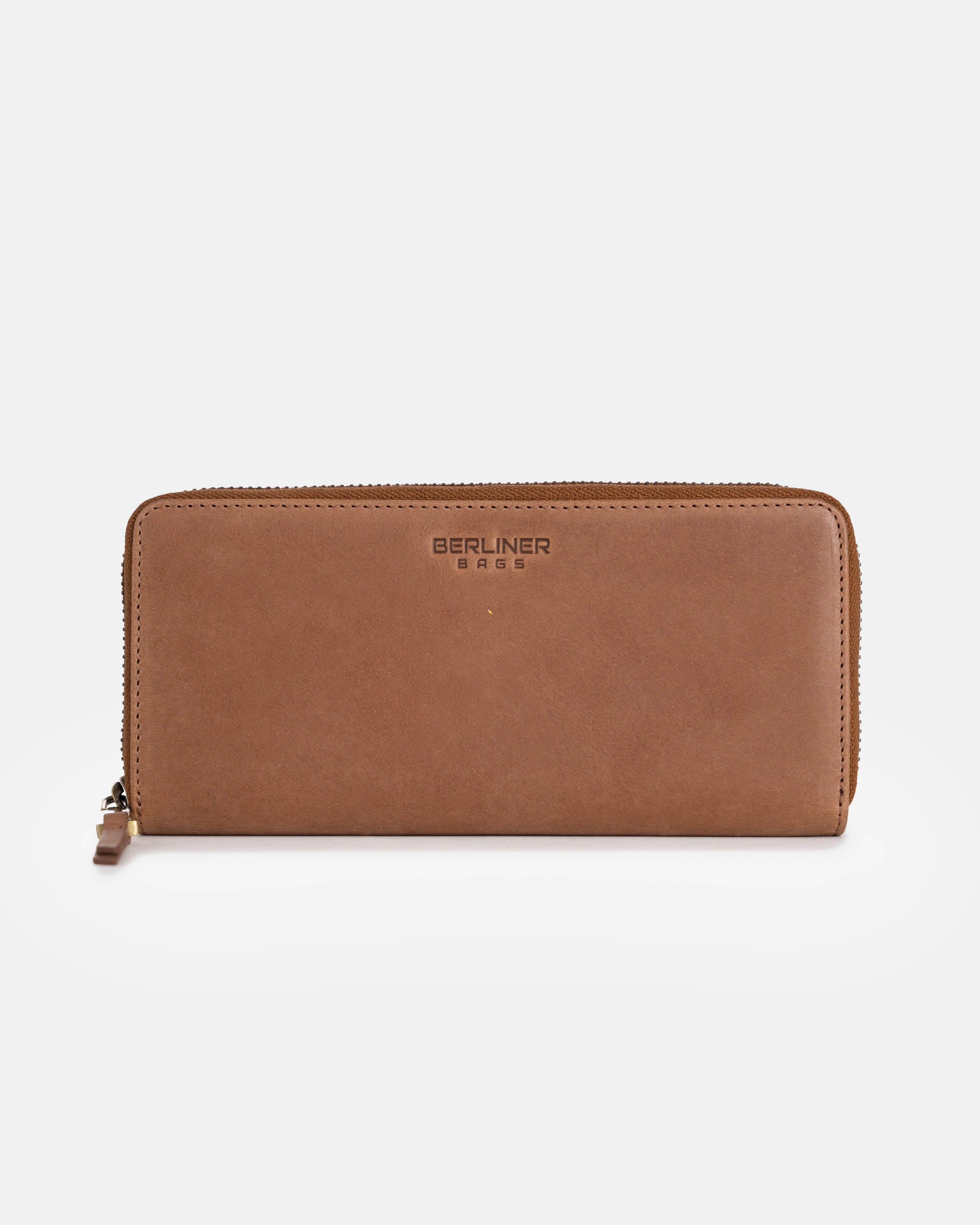 Front view of camel leather wallet