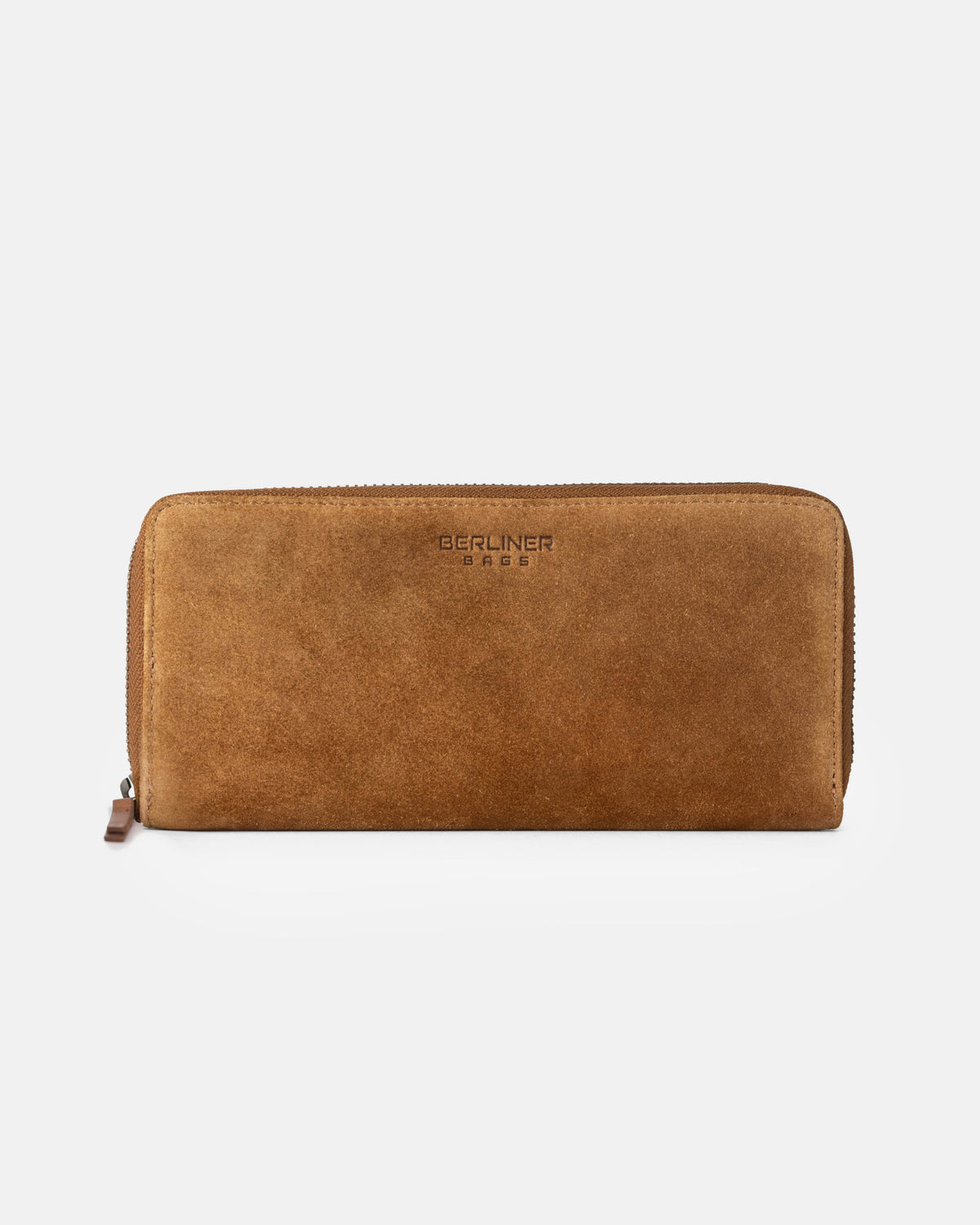 Front view of suede cognac leather wallet