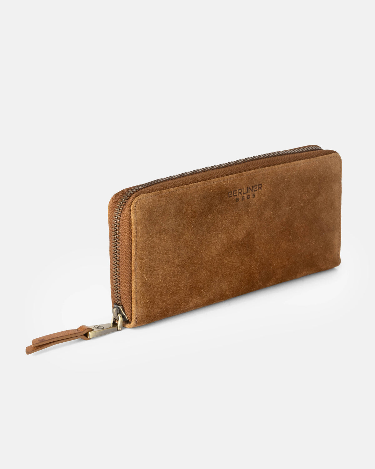 Side view of suede cognac leather wallet