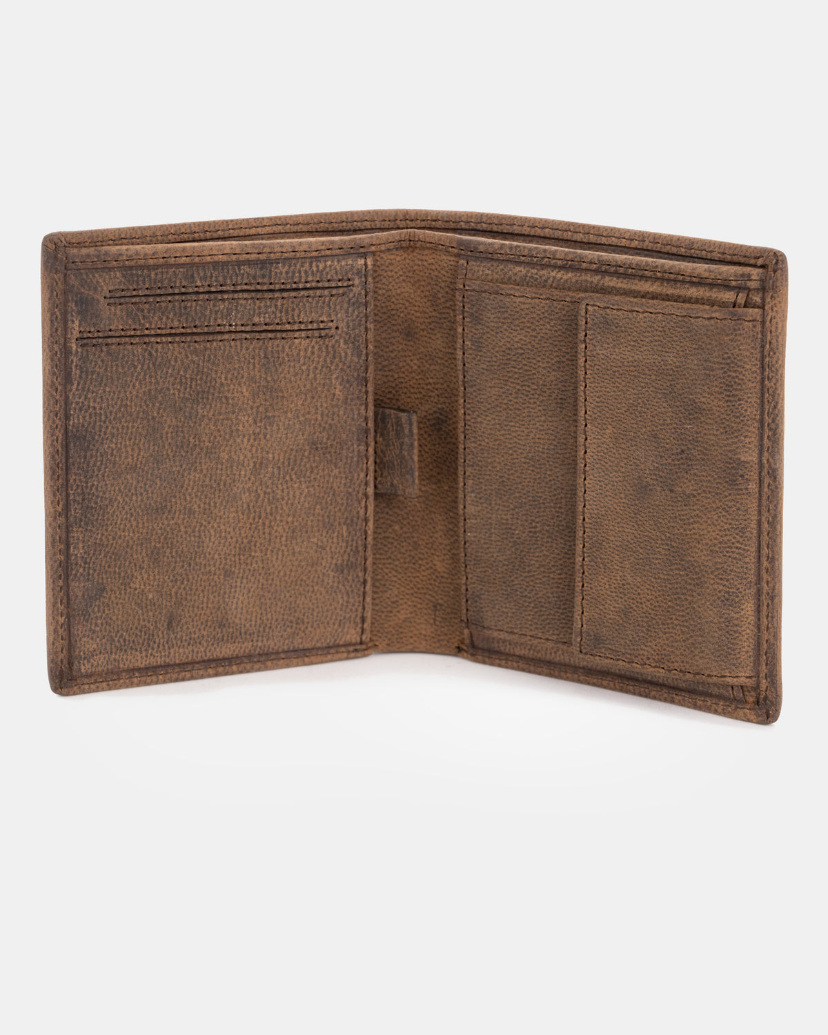 Open view of espresso leather wallet with flap showing inside