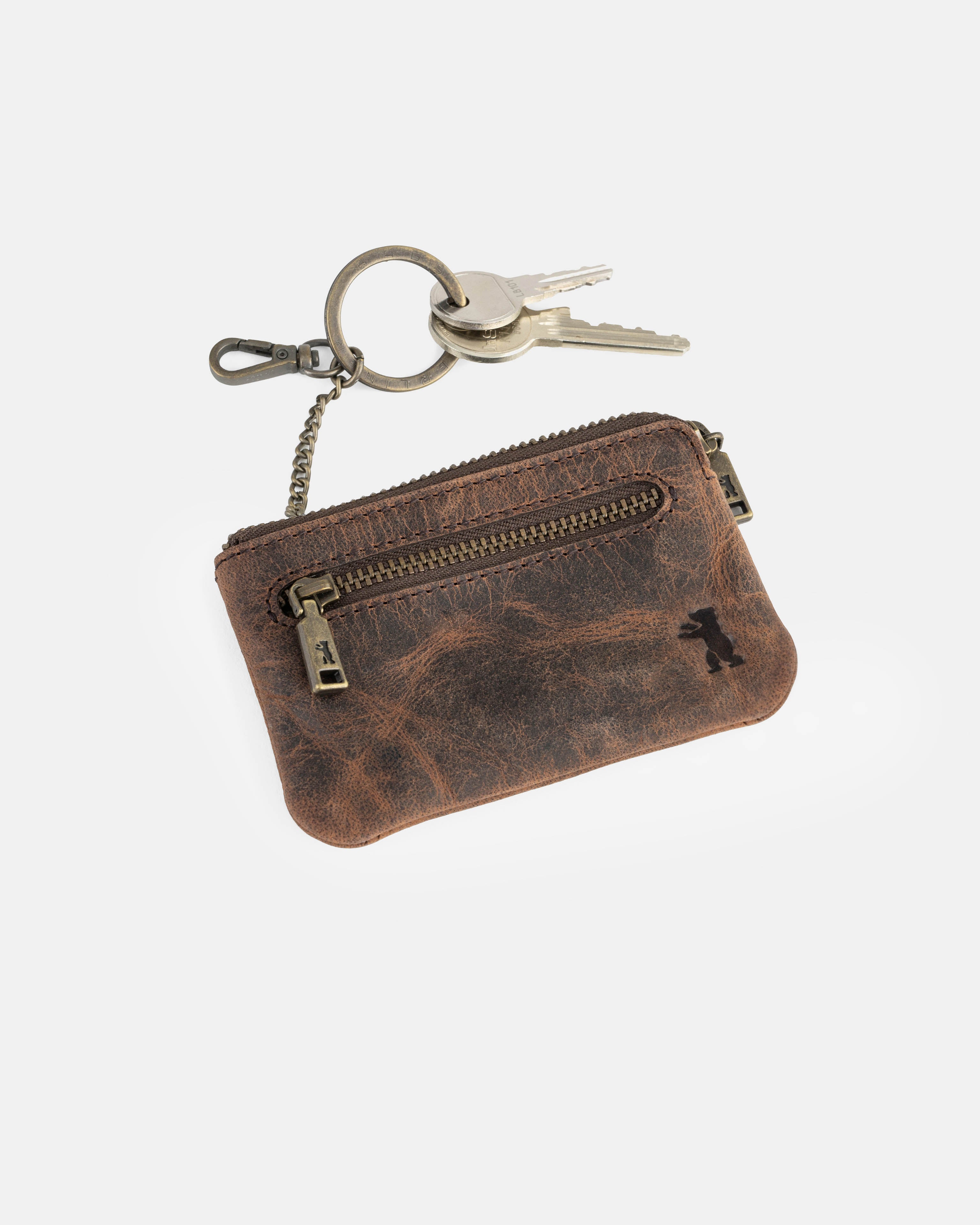 Earth leather key pouch with zipper and attached metal keys