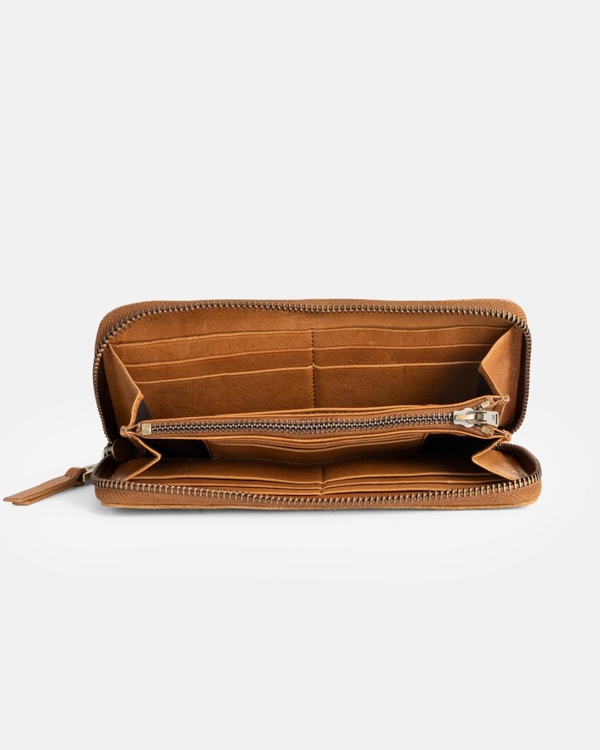 Top view of suede cognac leather wallet showing inside
