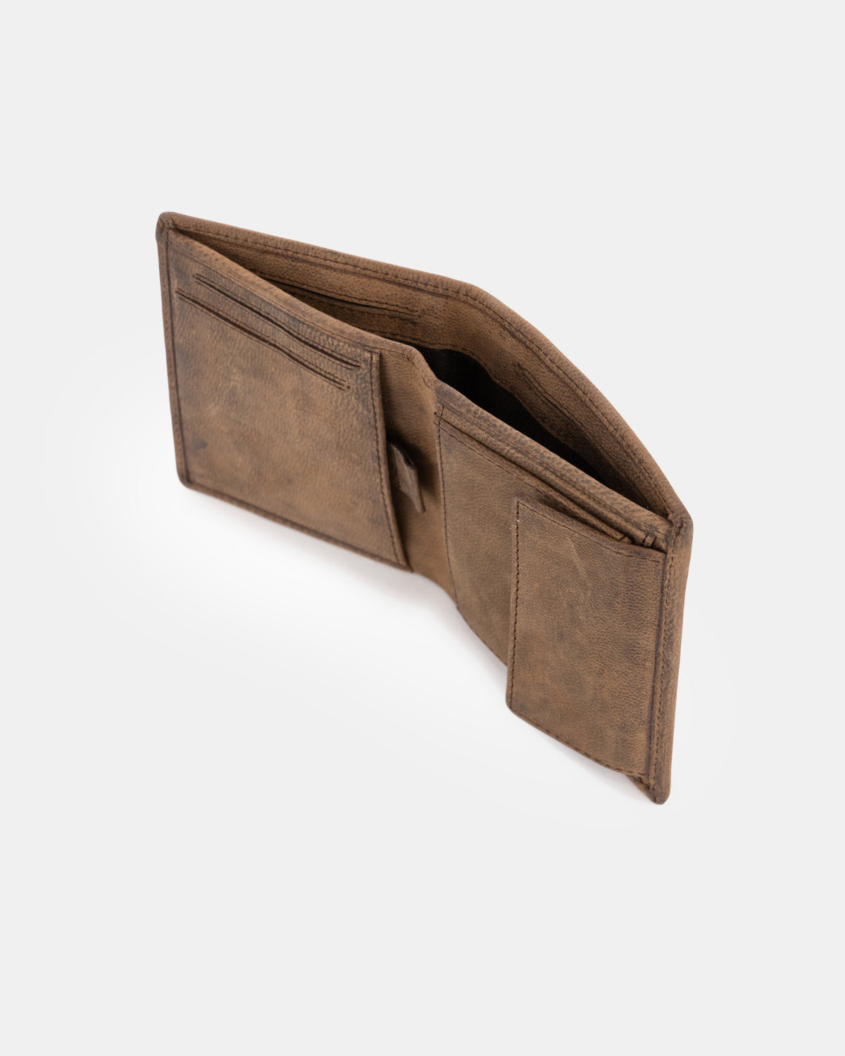 Top view of espresso leather wallet with flap