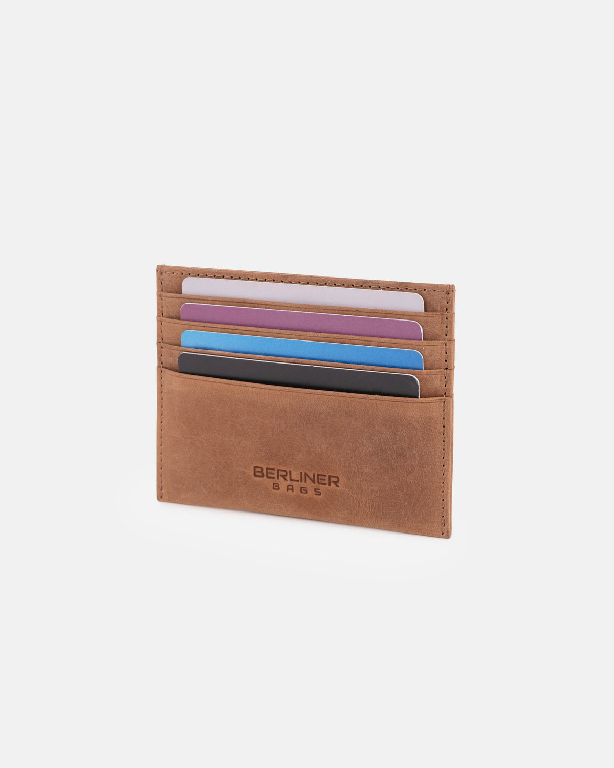 Front view of camel leather card case with all card slot filled