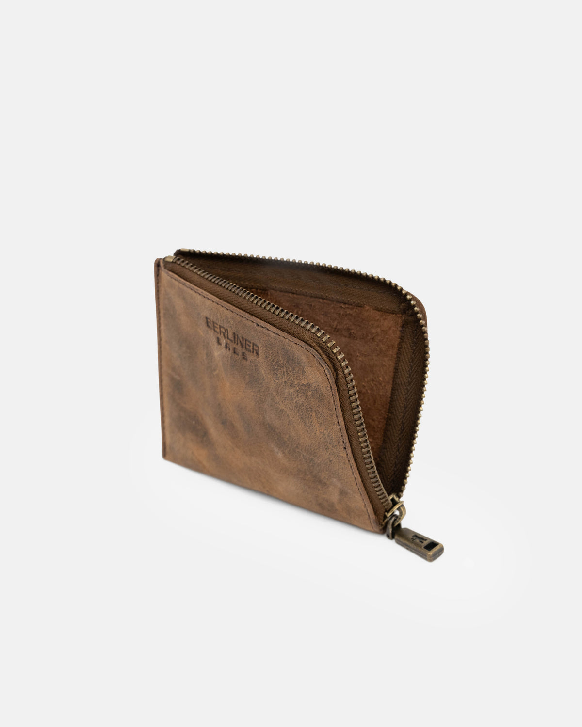 Open view of walnut leather wallet