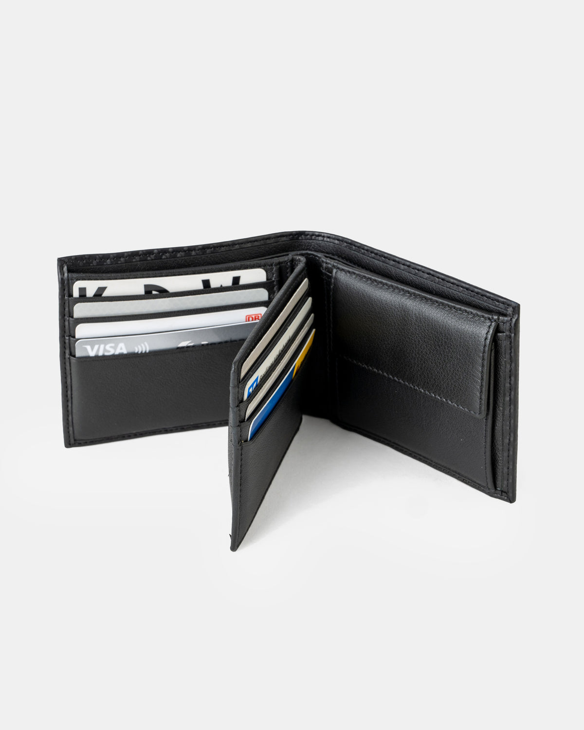 Open view of carbon leather wallet showing inside cards slots