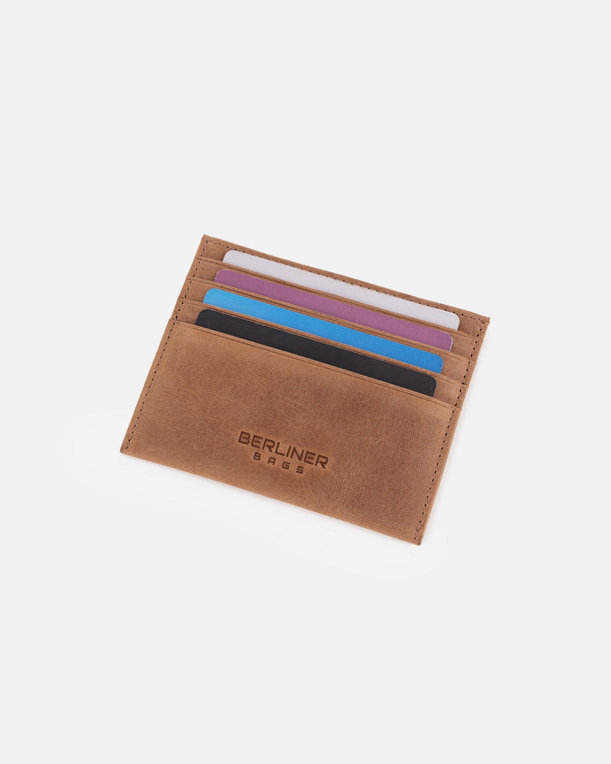 Front view of camel leather card case with all card slot filled