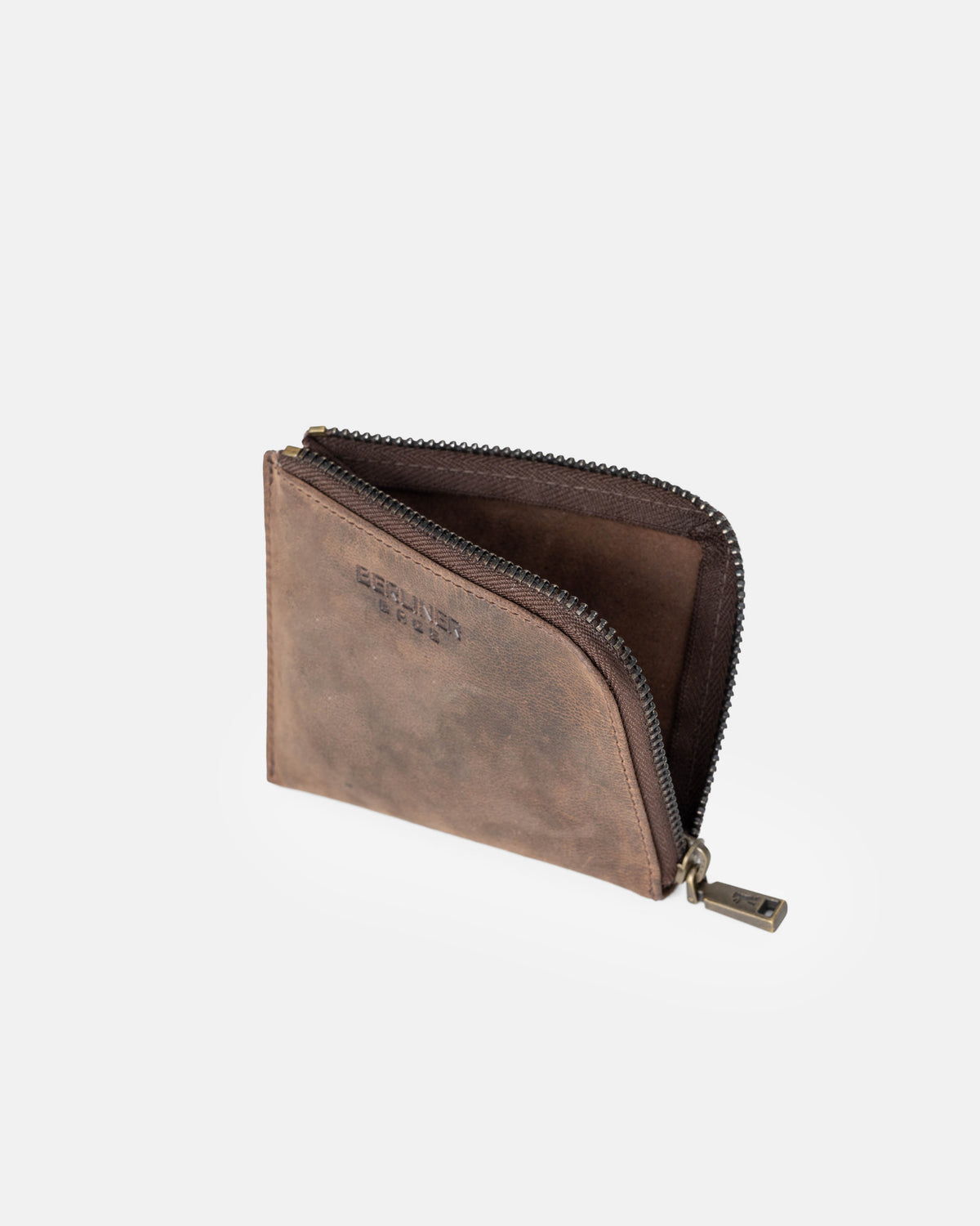 Open view of espresso leather wallet showing inside
