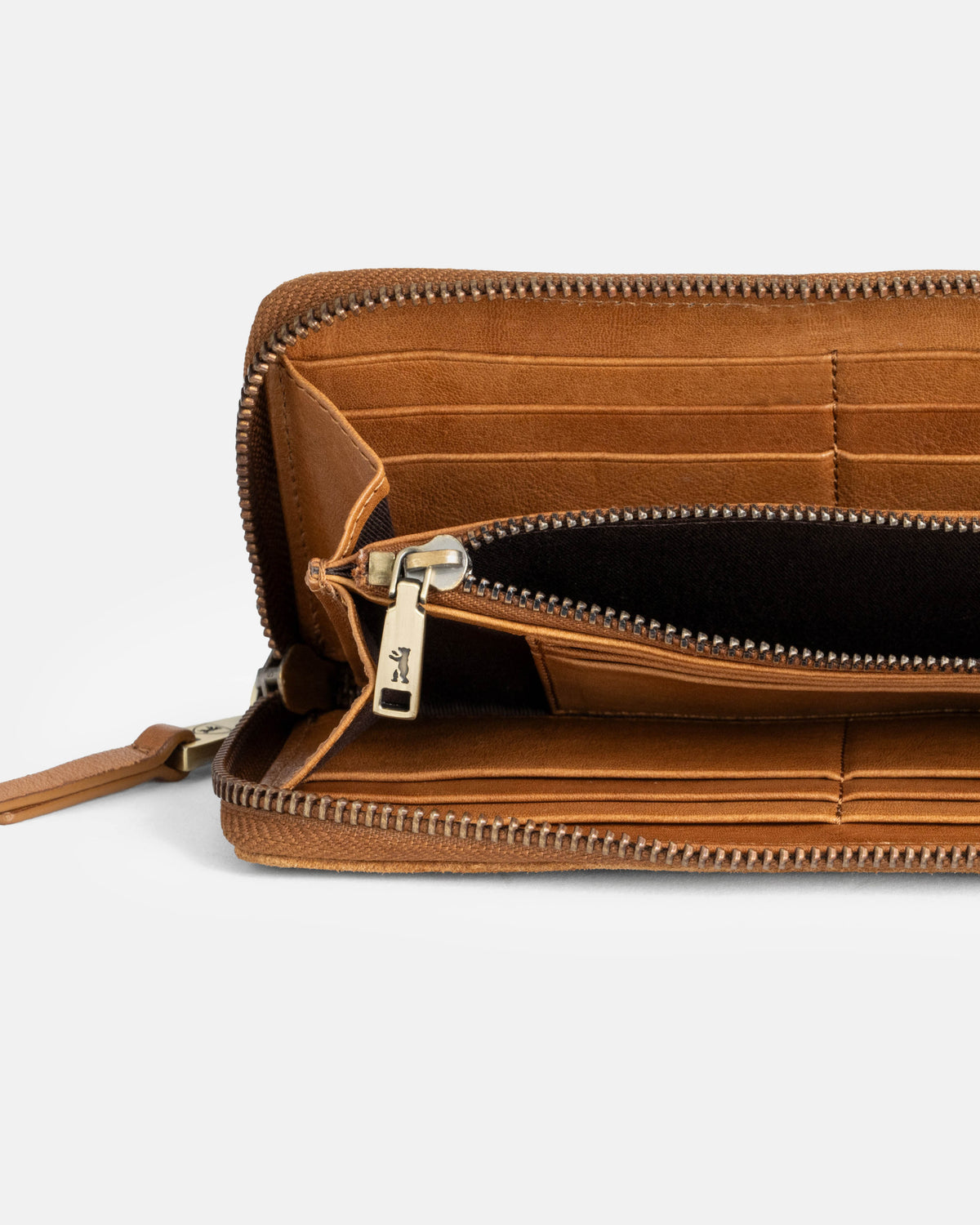 Close-up of suede cognac leather wallet showing inside and zipper details