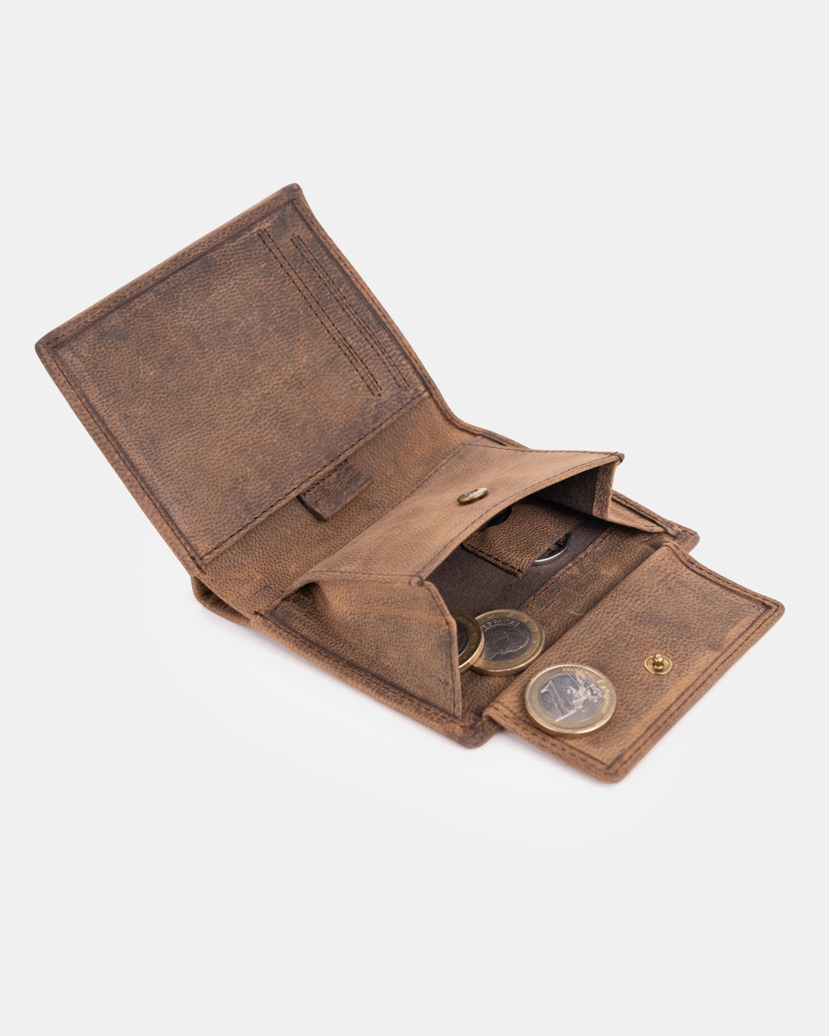 An open espresso leather wallet with flap showing interior pocket.