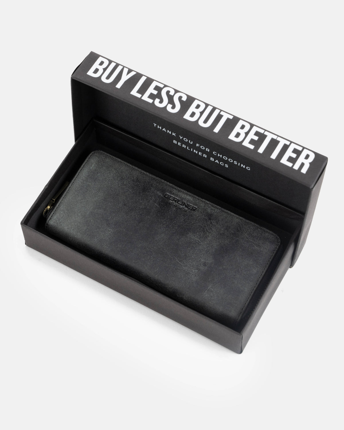 Dark grey leather wallet in the branded box