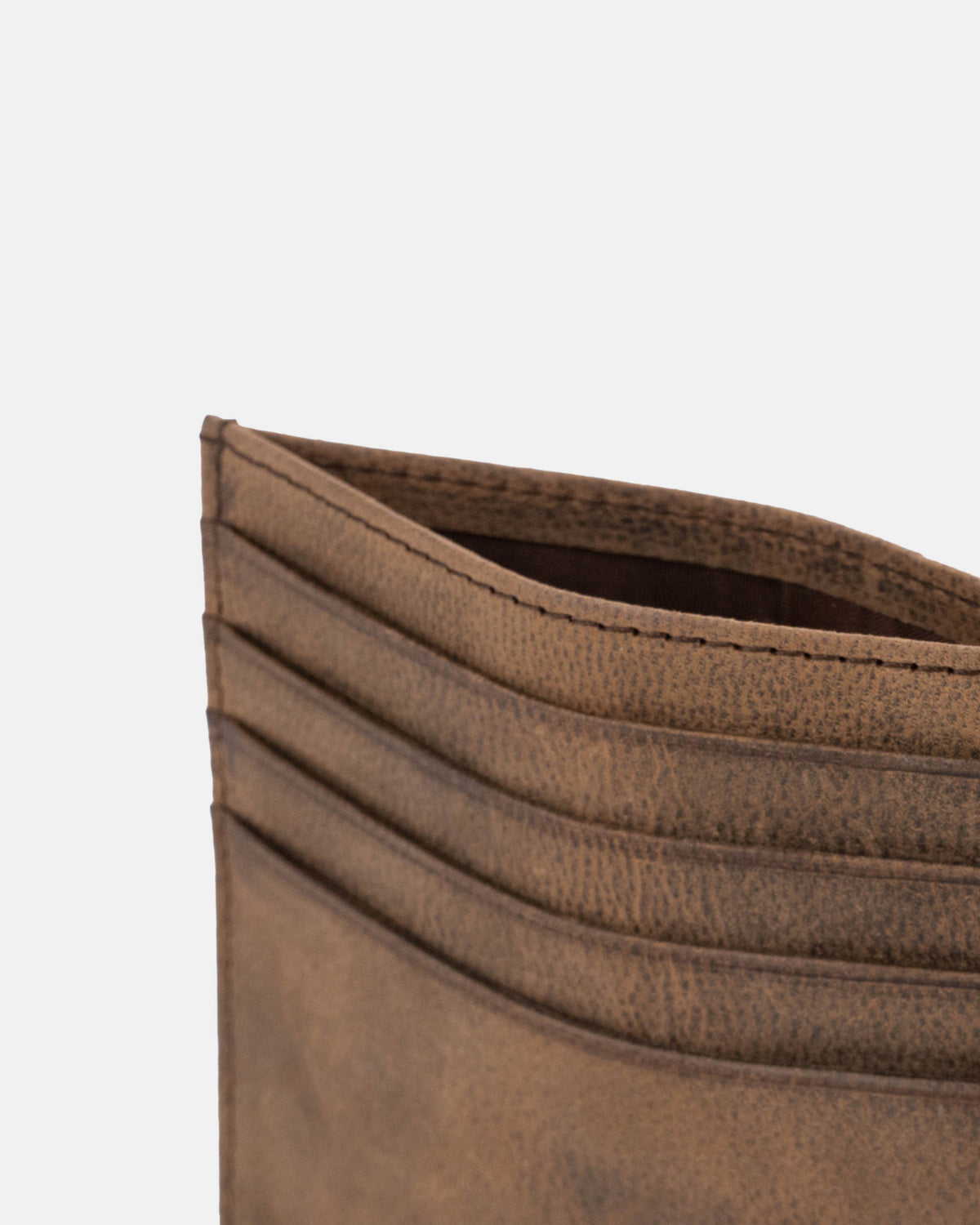 Close-up front view of espresso leather card case