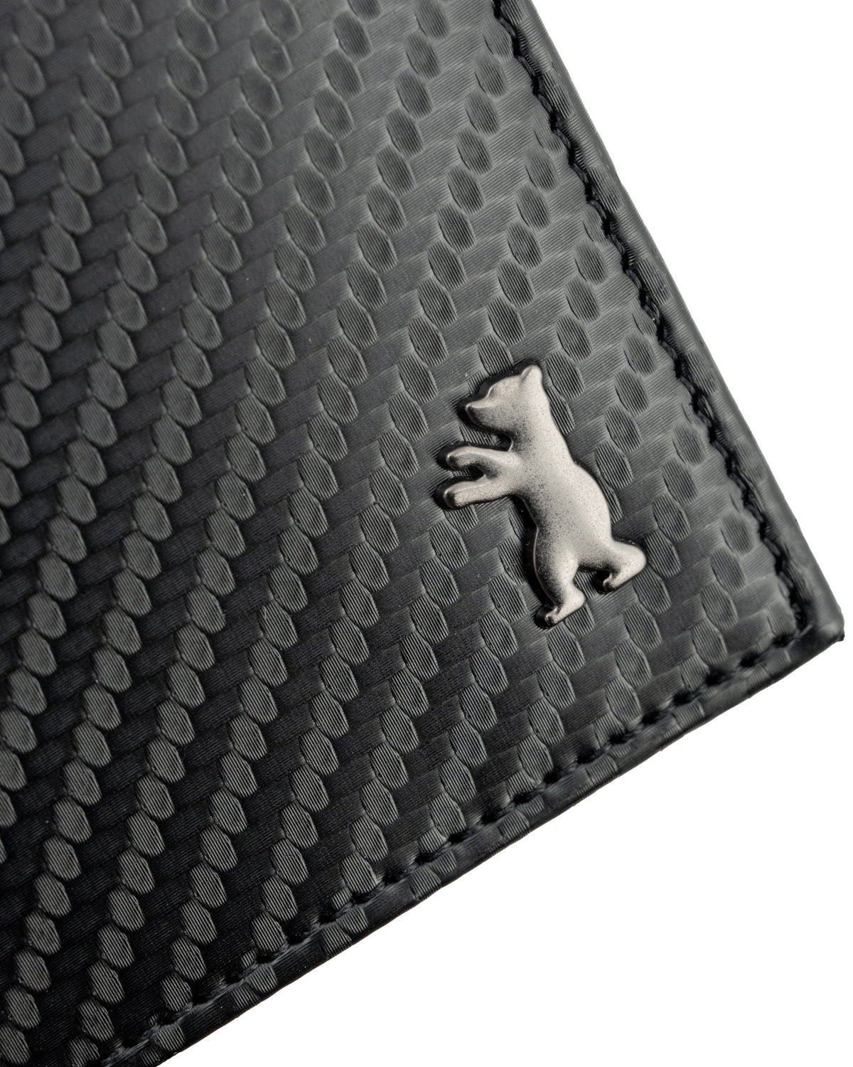 A branded logo on carbon leather wallet