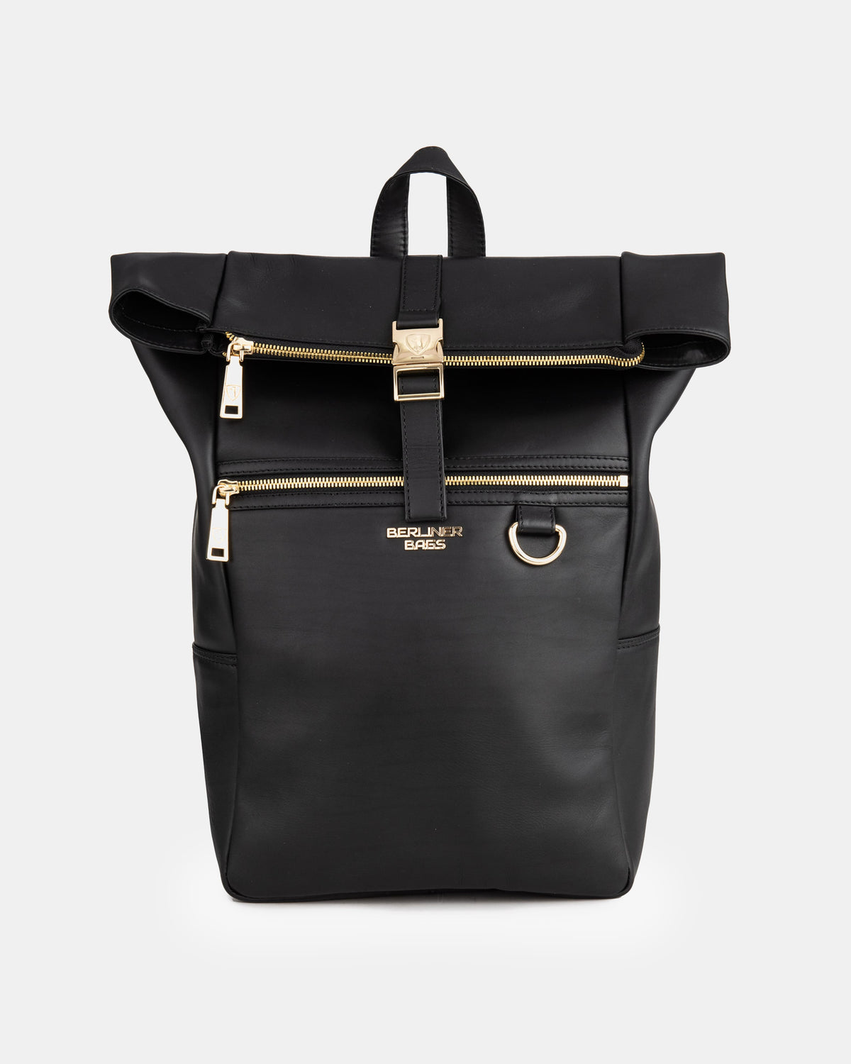 Front view of black-gold backpack