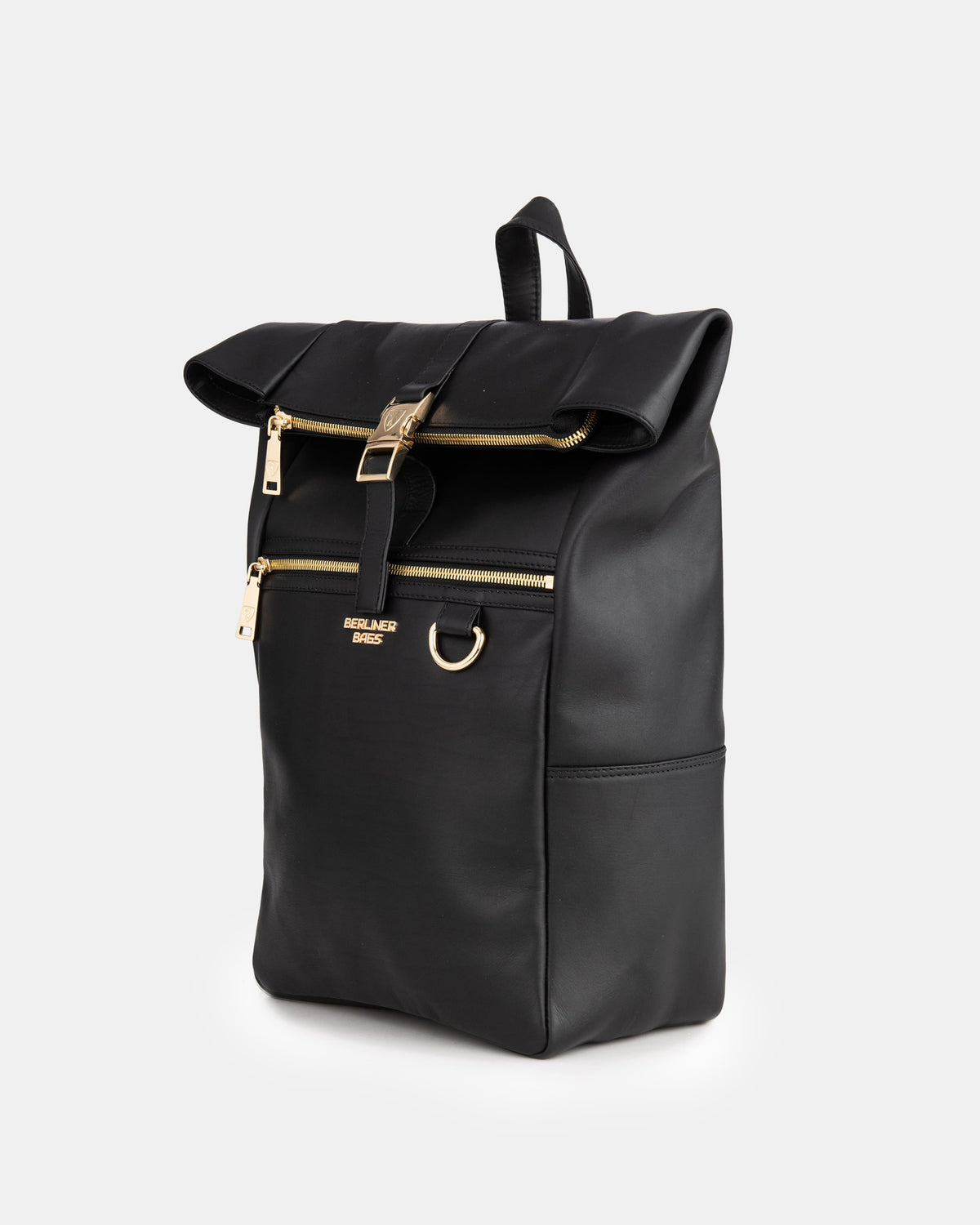 Three-quarter view of black leather backpack featuring gold hardware