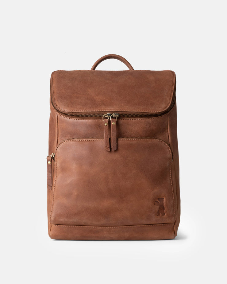 Front view of camel leather zip-around backpack with embossed bear logo