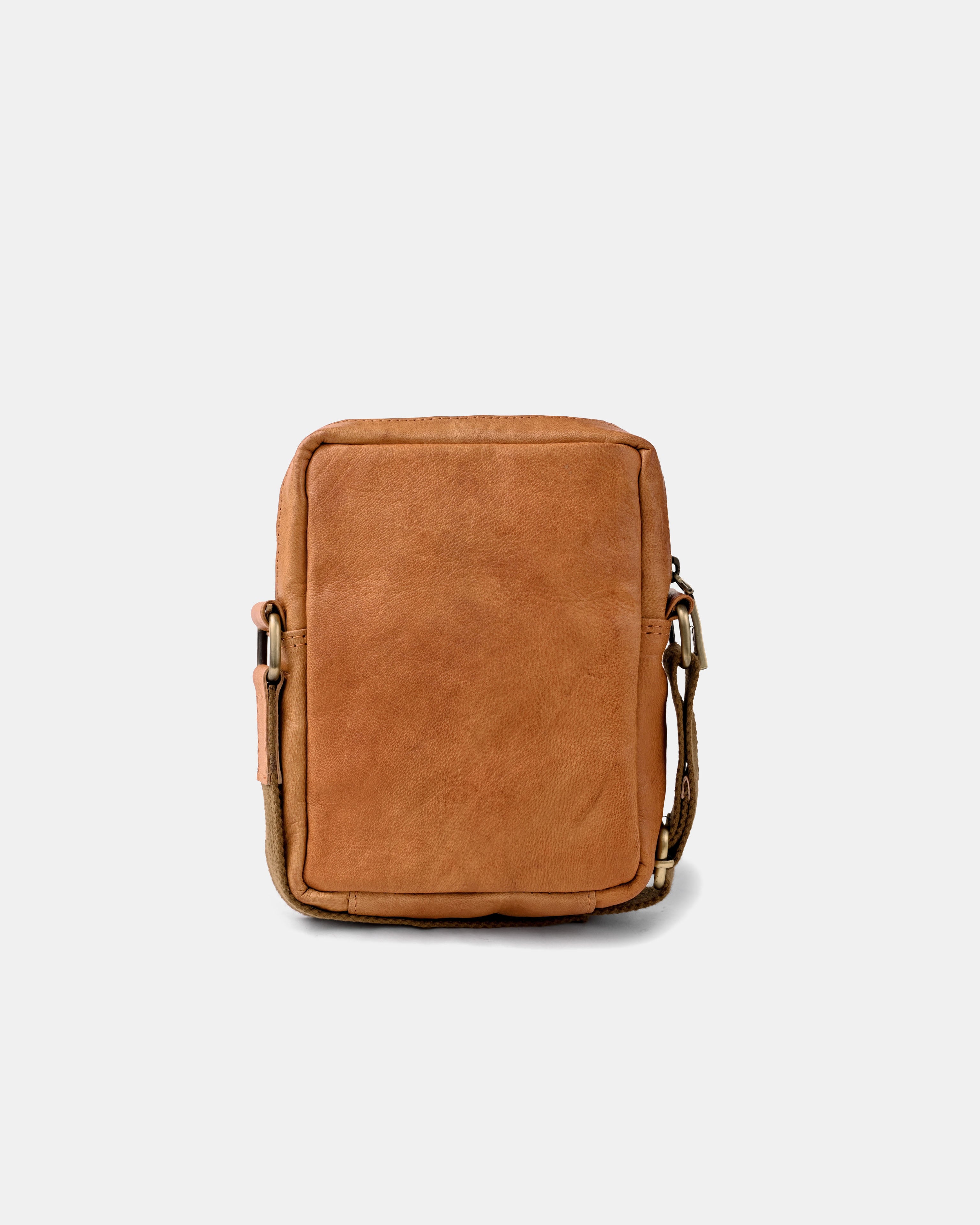 Back view of vintage leather messenger bag details