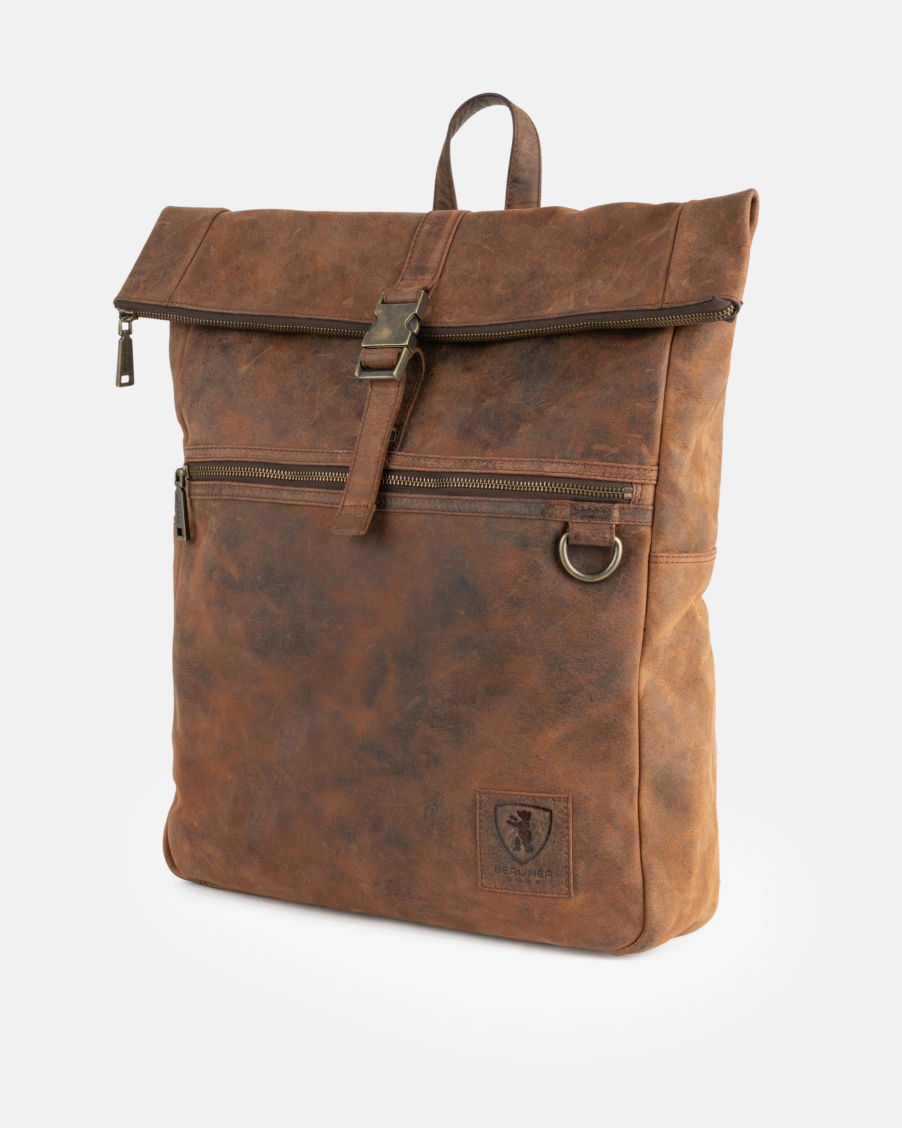 Three-quarter view of a earth leather backpack