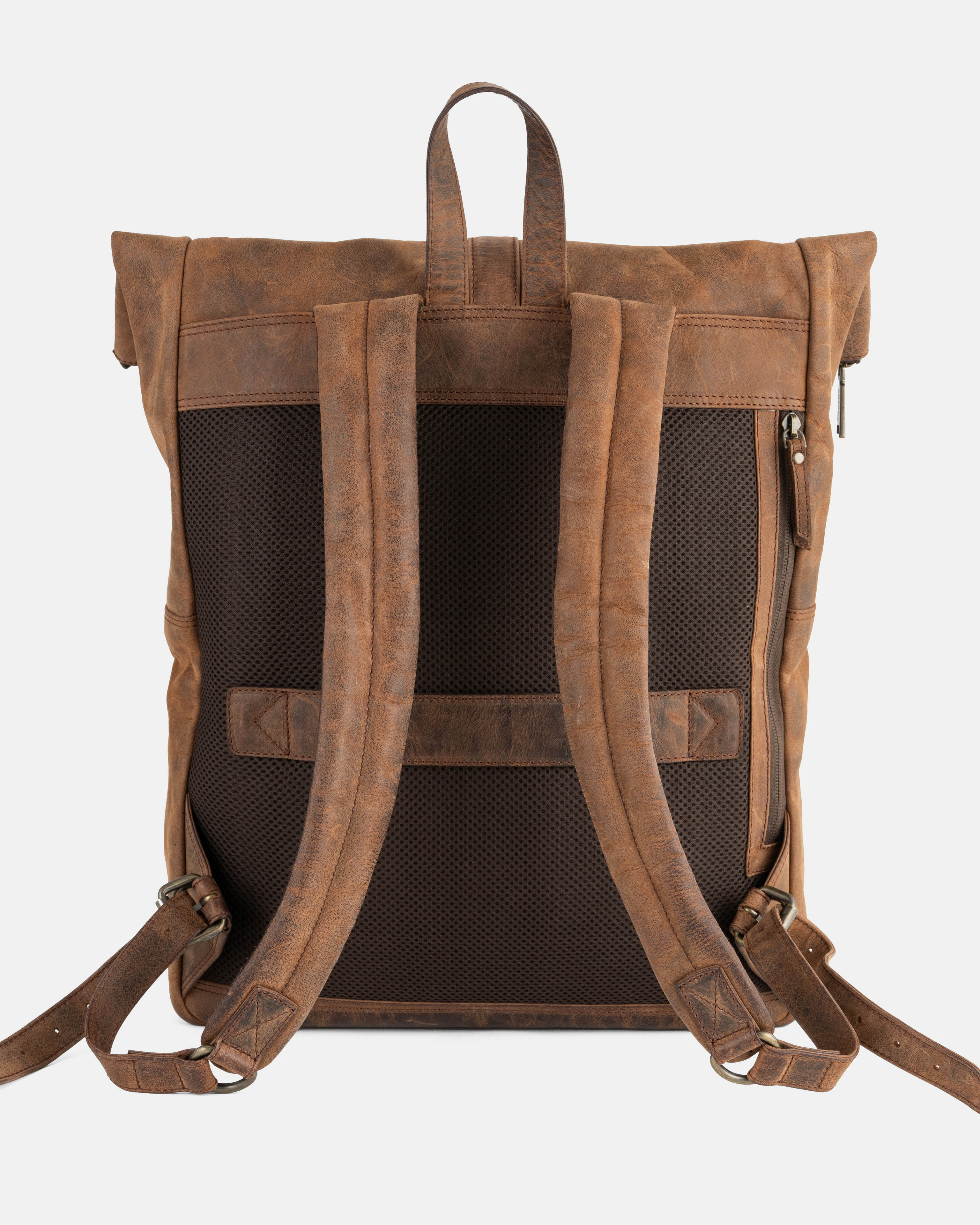 Back view of a earth leather backpack featuring breathable mesh padding