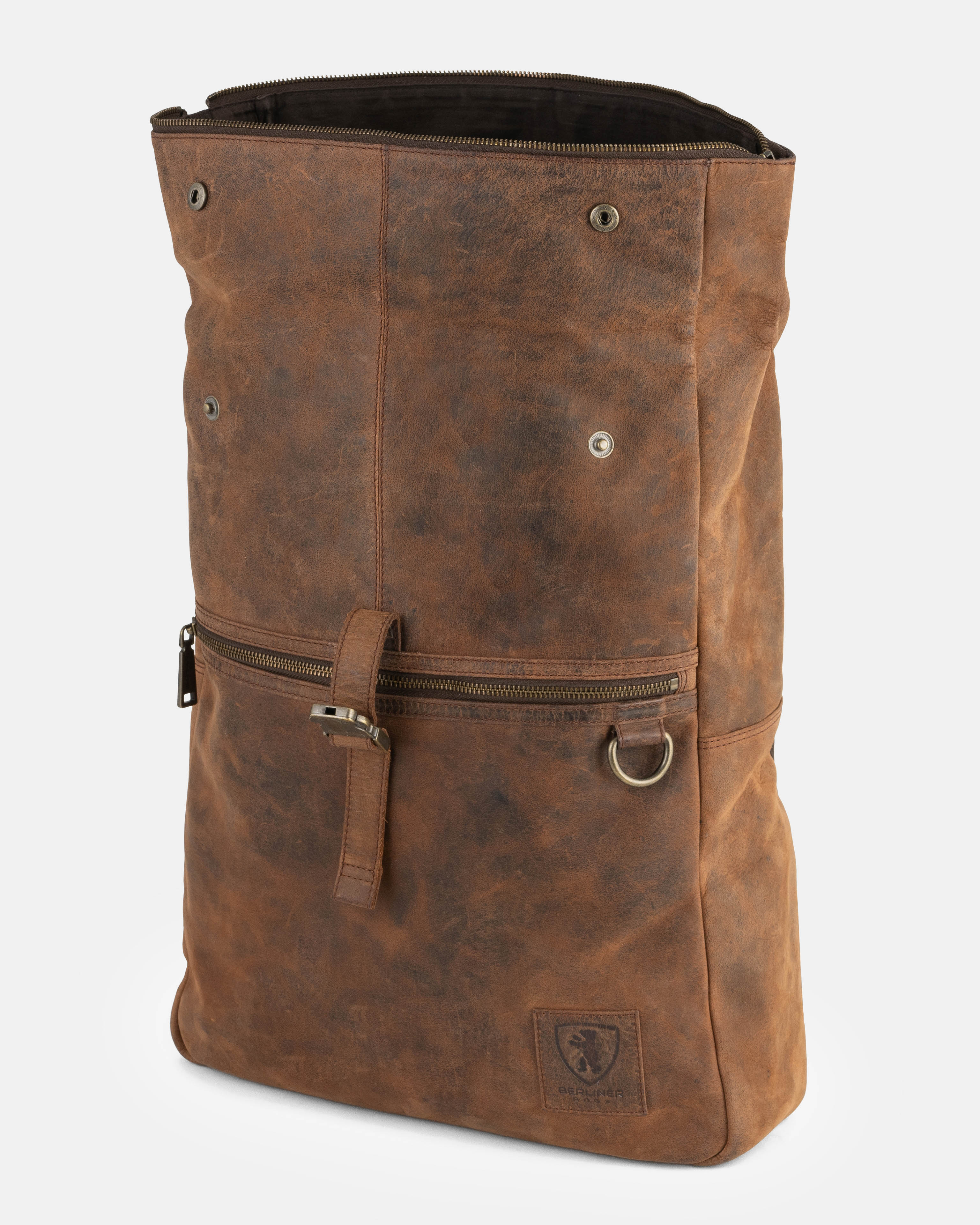 Front view of a earth leather roll-top backpack