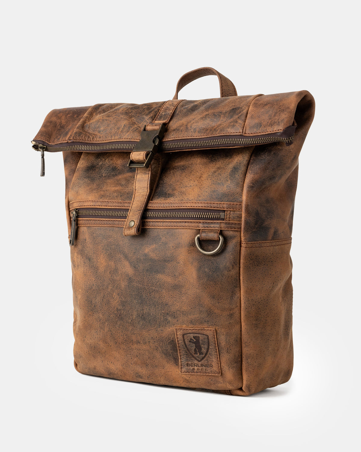 Side view of a earth leather backpack bag