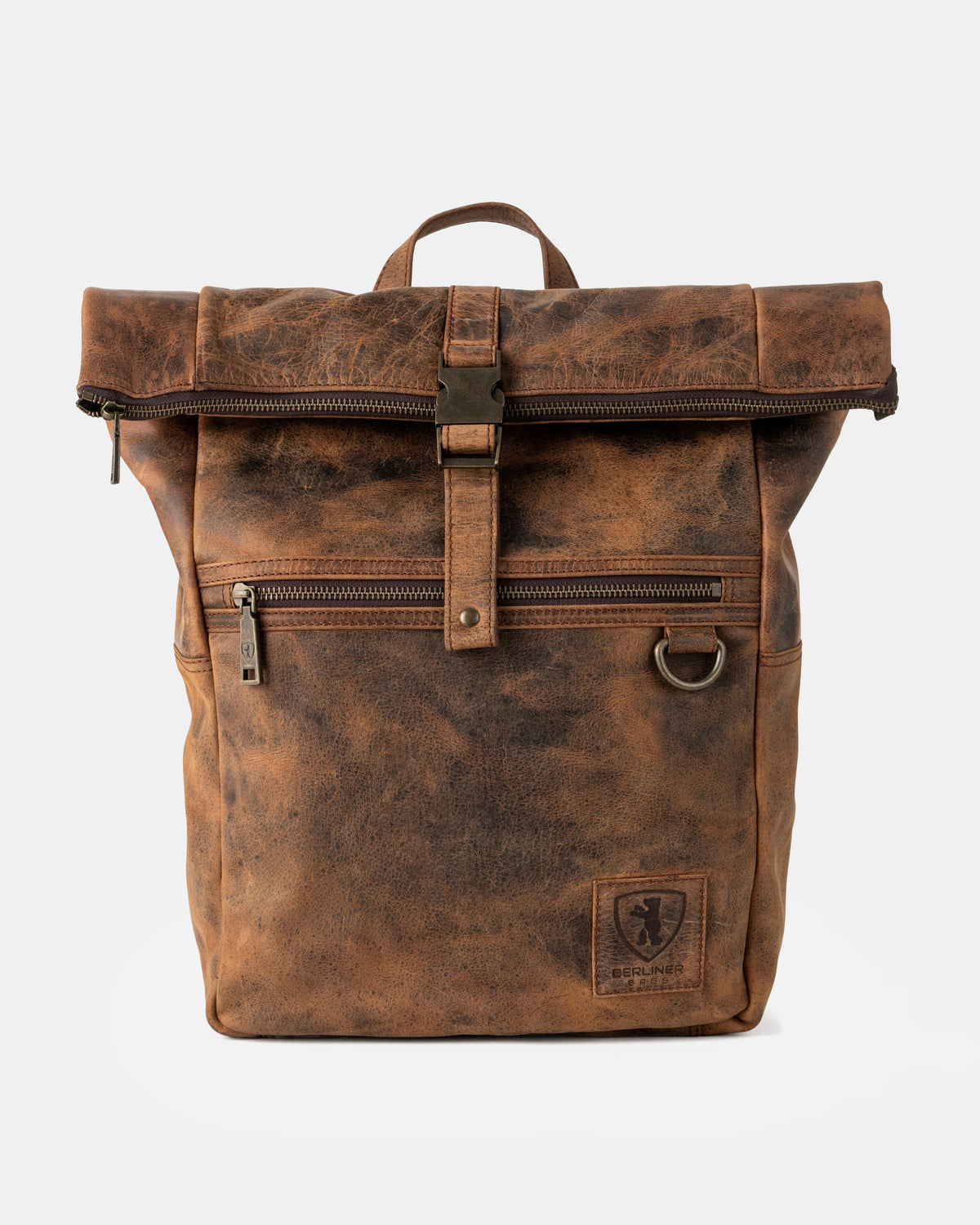 Front view of a distressed earth leather backpack bag
