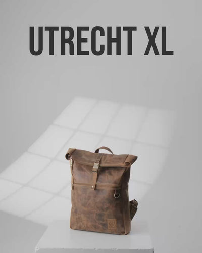 Product shot of Utrecht XL walnut leather roll-top backpack